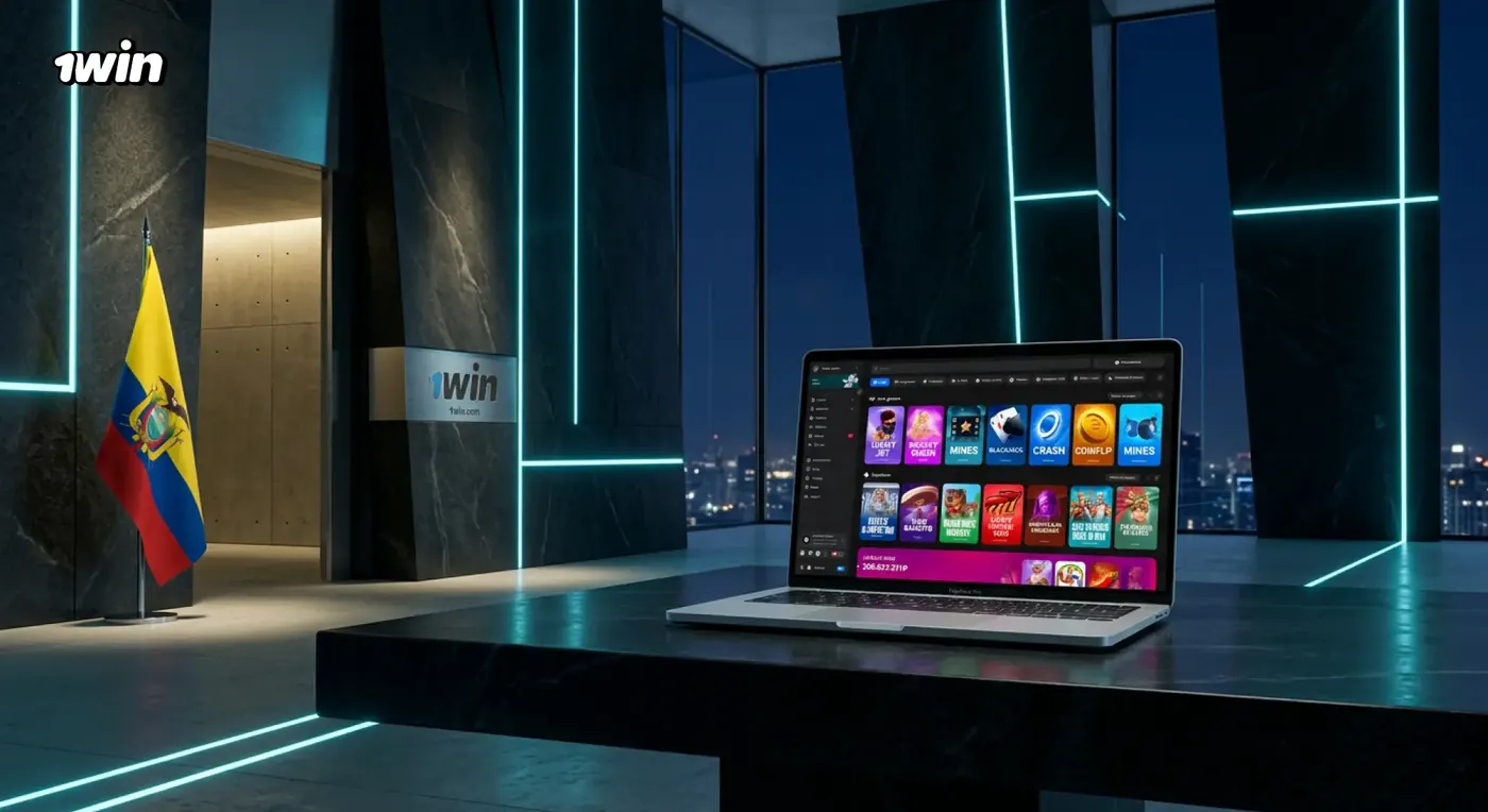 Laptop con el catálogo de casino de 1win sobre una mesa oscura en un lobby con la bandera de Ecuador