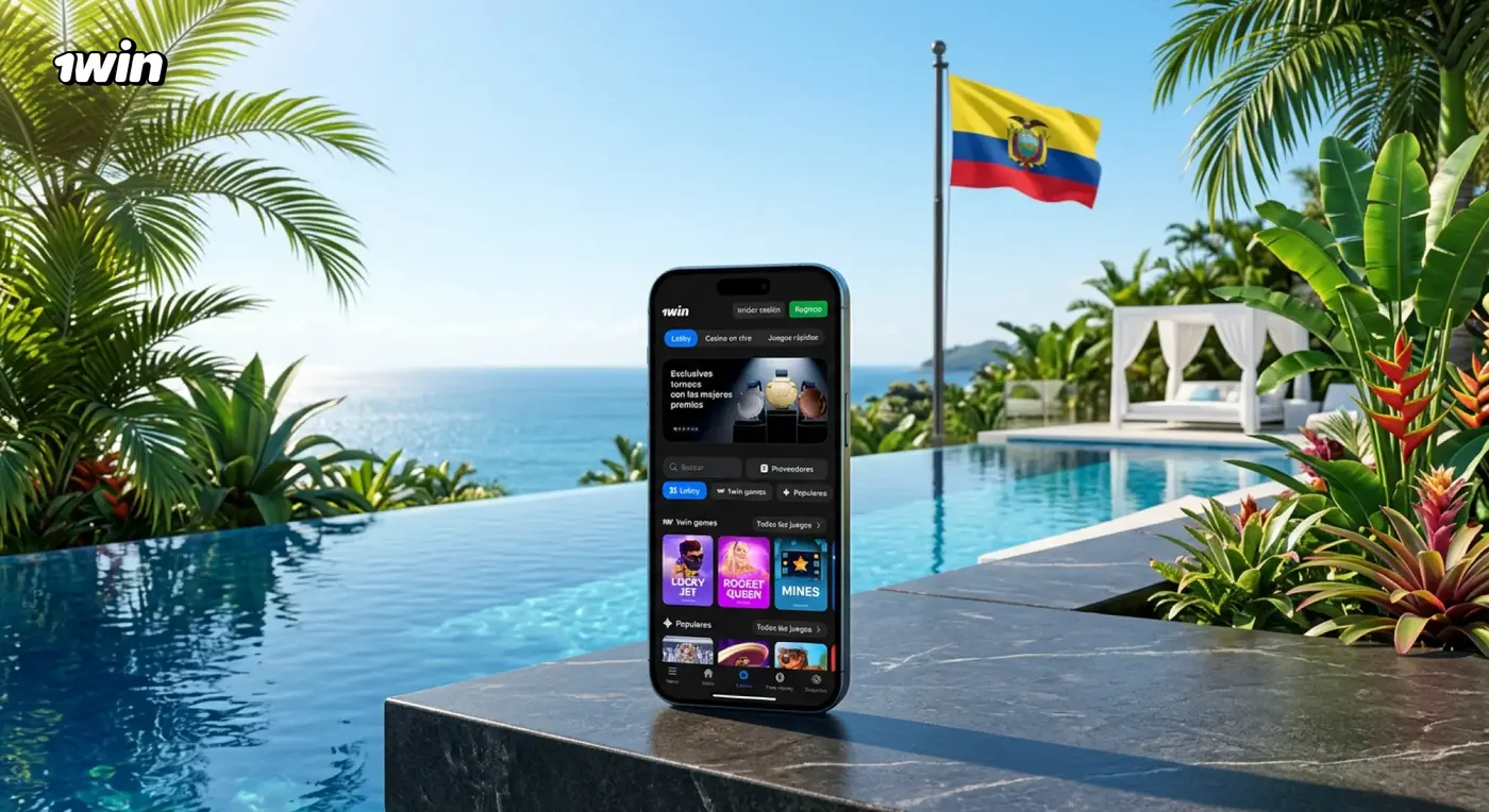 Celular con la app de 1win sobre una piedra junto a una piscina frente al mar, con la bandera de Ecuador